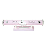 Pink Engravable Birth Certificate Holder with silver bears and the script Birth Certificate on a pink stand