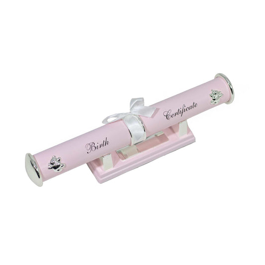 Pink Engravable Birth Certificate Holder with silver bears and the script Birth Certificate on a pink stand