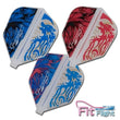 Three dart flight shapes with blue and red designs designed for Masaki Oshiro
