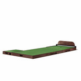Portable golf putting green with brown frame and green surface on a white background
