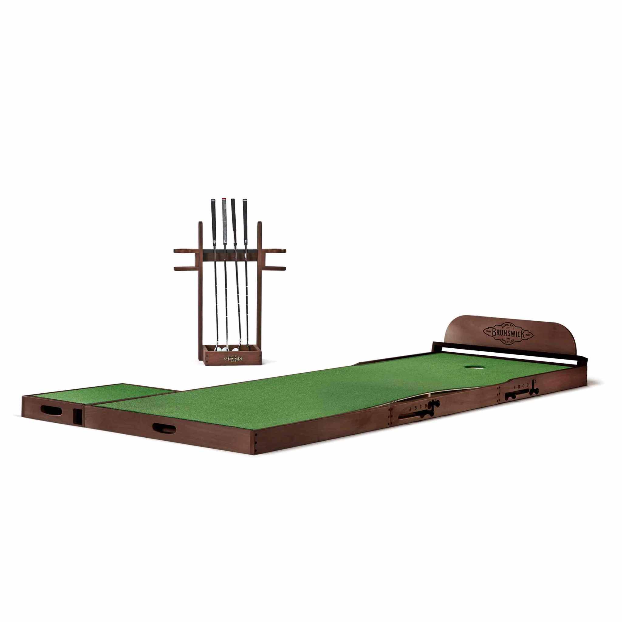 Maxwell Putting Green with three sections, espresso wood frame, green putting surface, elevated cup-end, and putter rack for four putters.
