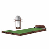 Maxwell Putting Green with three sections, espresso wood frame, green putting surface, elevated cup-end, and putter rack for four putters.