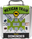 Mexican Train Deluxe Dominoes set in a silver metal carrying case with a bright green and black label, showing the domino board layout and several domino tiles.