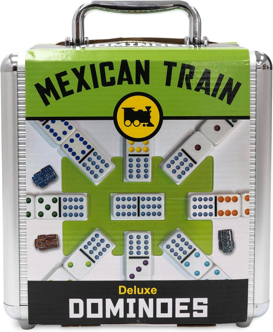 Mexican Train Deluxe Dominoes set in a silver metal carrying case with a bright green and black label, showing the domino board layout and several domino tiles.