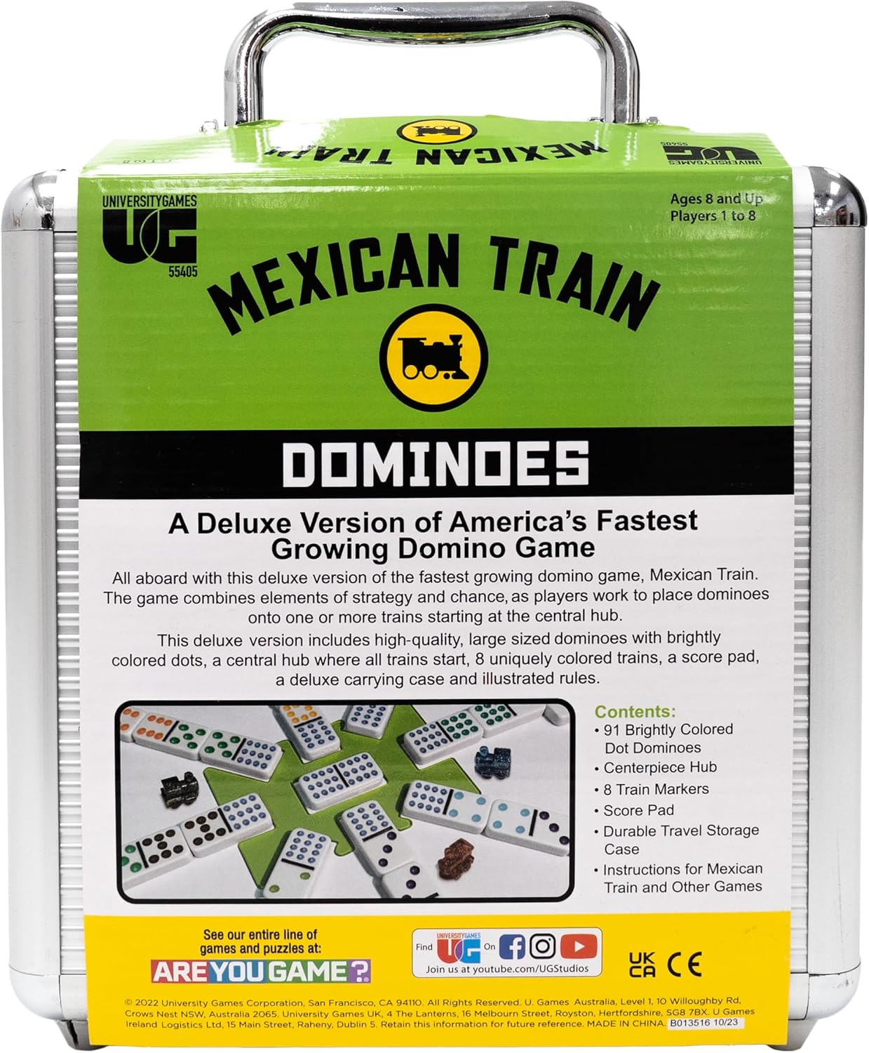 Mexican Train Dominoes game set in a carrying case with green and white packaging.