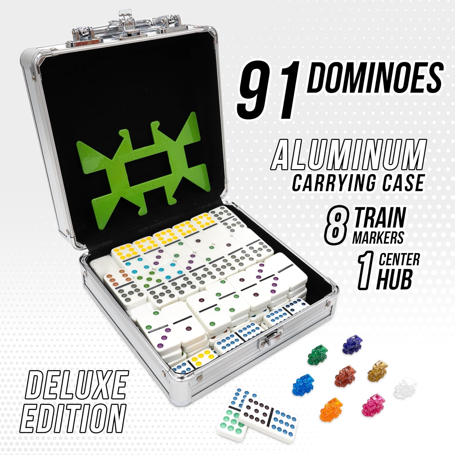 Domino set with 91 pieces, aluminum carrying case, and train markers on a white background
