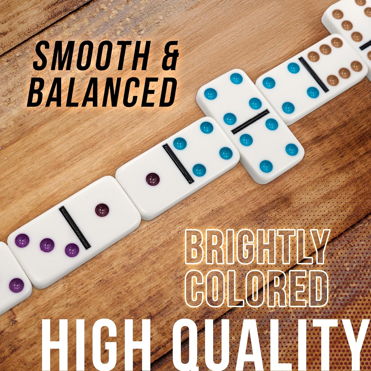 Dominoes on a wooden surface with text describing quality attributes.