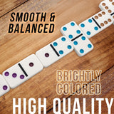 Dominoes on a wooden surface with text describing quality attributes.