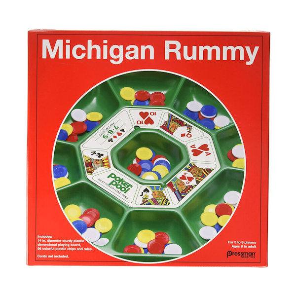 Michigan Rummy game set with colorful betting chips and 14-inch playing board for family fun