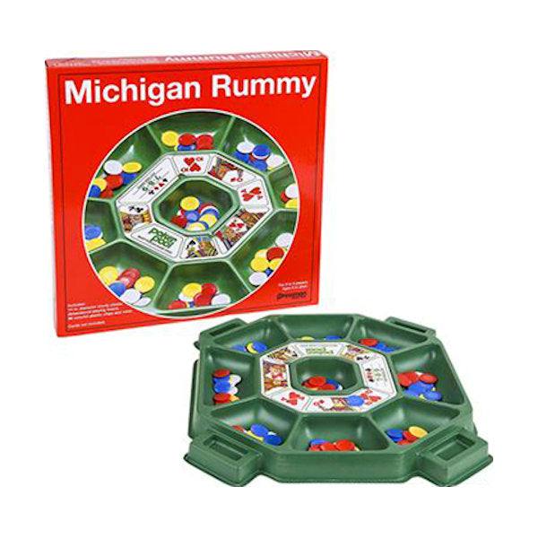 Michigan Rummy board game with colorful chips and green playing board in red packaging box