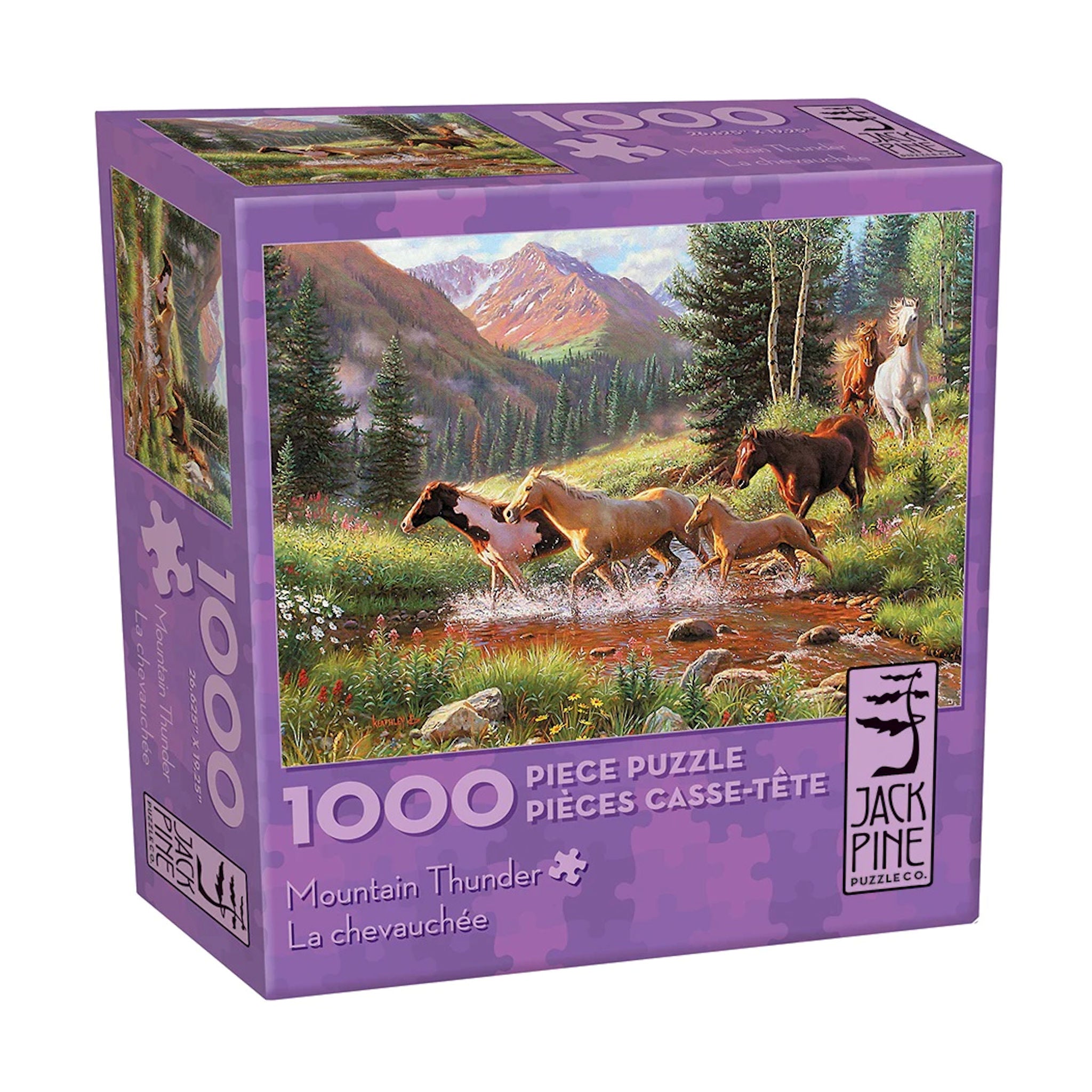 Jigsaw puzzle box with horses and mountains on a purple background