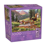 Jigsaw puzzle box with horses and mountains on a purple background