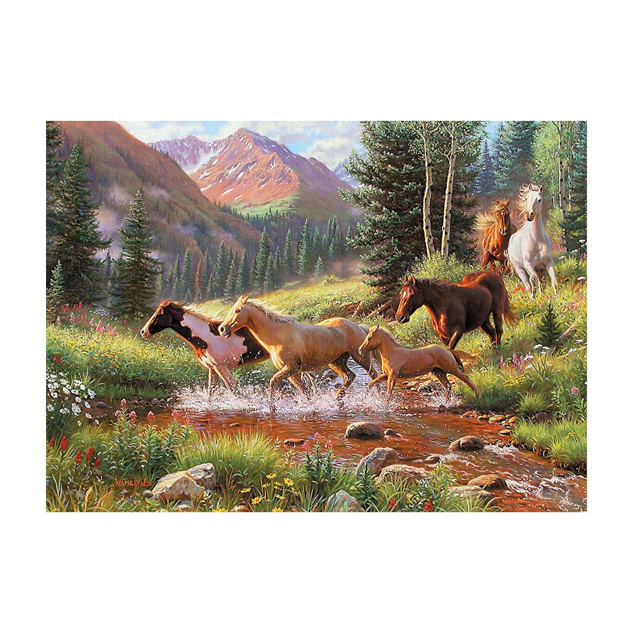 Horses crossing a stream in a mountainous forest landscape