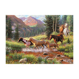 Horses crossing a stream in a mountainous forest landscape