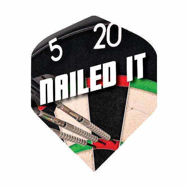 BD Exclusive Flights tough durable 100 Micron standard size dart flights with "Nailed It" text on dartboard background