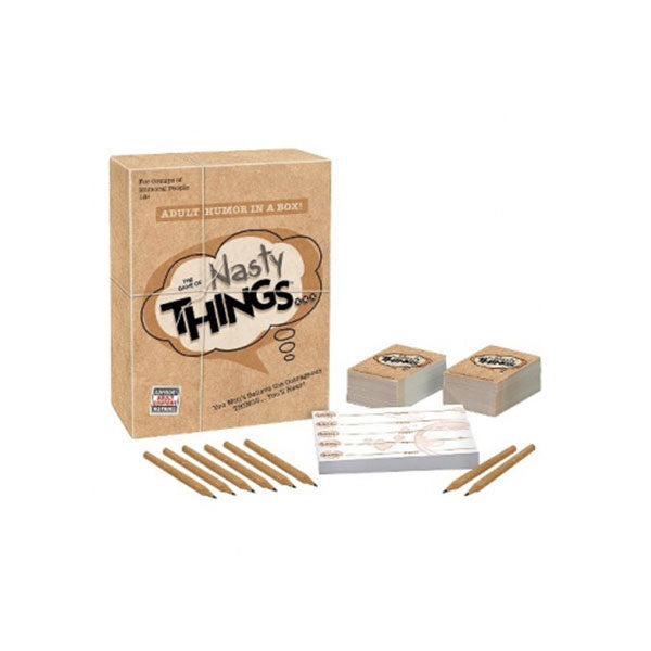 Game Of Nasty Things adult party game with cards, pencils, and humorous prompts for groups 18+