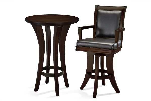 Brunswick Centennial Pub Table with arched legs and aged wrought iron ring base in dark wood finish