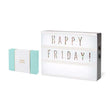 Marquee Sign - Glitter with multi-colored neon letters spelling Happy Friday and gift box on white background