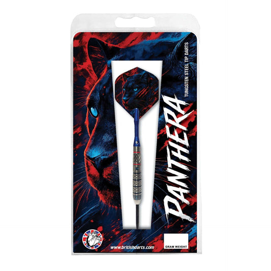 Panthera 90% Tungsten Darts. The product features a blue and silver dart  mounted on a backing card with a stylized panther graphic and the brand name 'PANTHERA' in large white text.