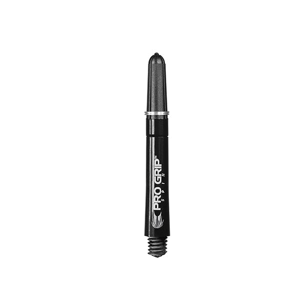 Black Pro Grip Spin Shaft for darts with Hydrogel technology and durable nylon compound, includes a grip ring for improved flight stability