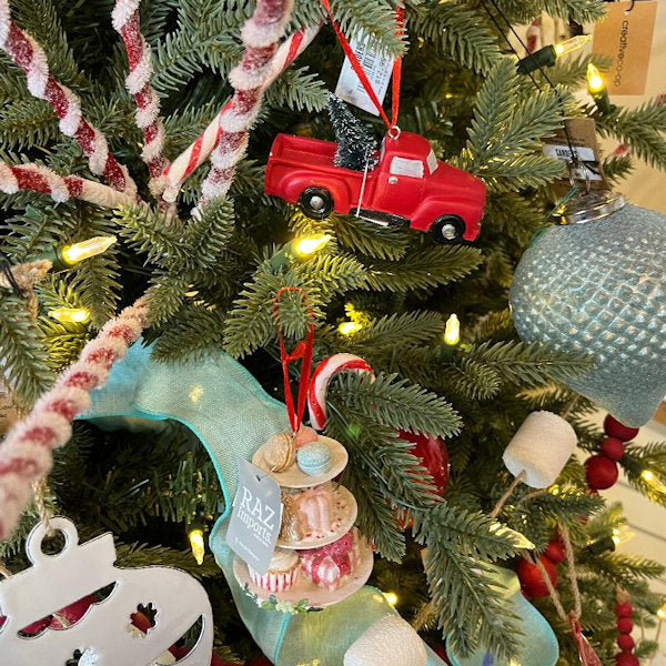 24" Glittered White & Red Spiral Spike Spray in tree