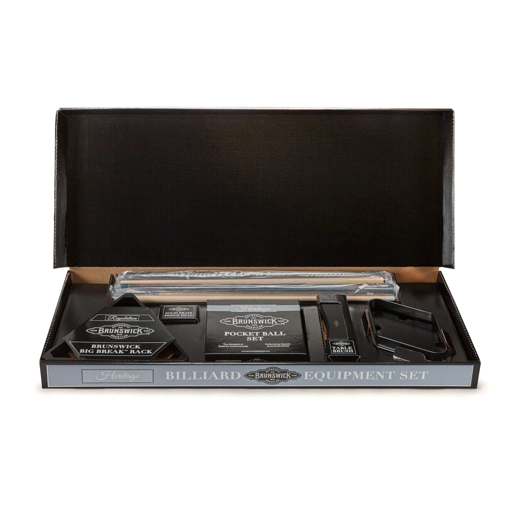 Heritage Play Package billiard equipment set with Heritage® pocket balls, cues, bridge stick, brass bridge head, racks, and table brush in an open box