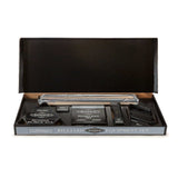 Heritage Play Package billiard equipment set with Heritage® pocket balls, cues, bridge stick, brass bridge head, racks, and table brush in an open box