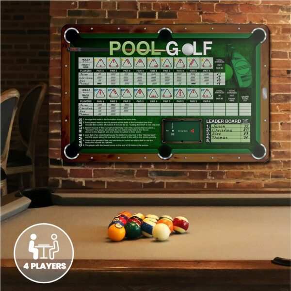 Pool Golf game board mounted above a pool table with billiard balls, combining billiards and golf for up to 4 players.