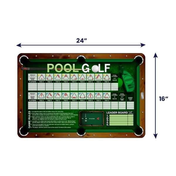 Pool table with 'Pool Golf' game board and dimensions indicated