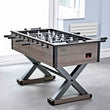 Brunswick Premier Foosball table with weathered oak finish, metal X-frame base, vinyl cabinet, and three-man goalie for fast play