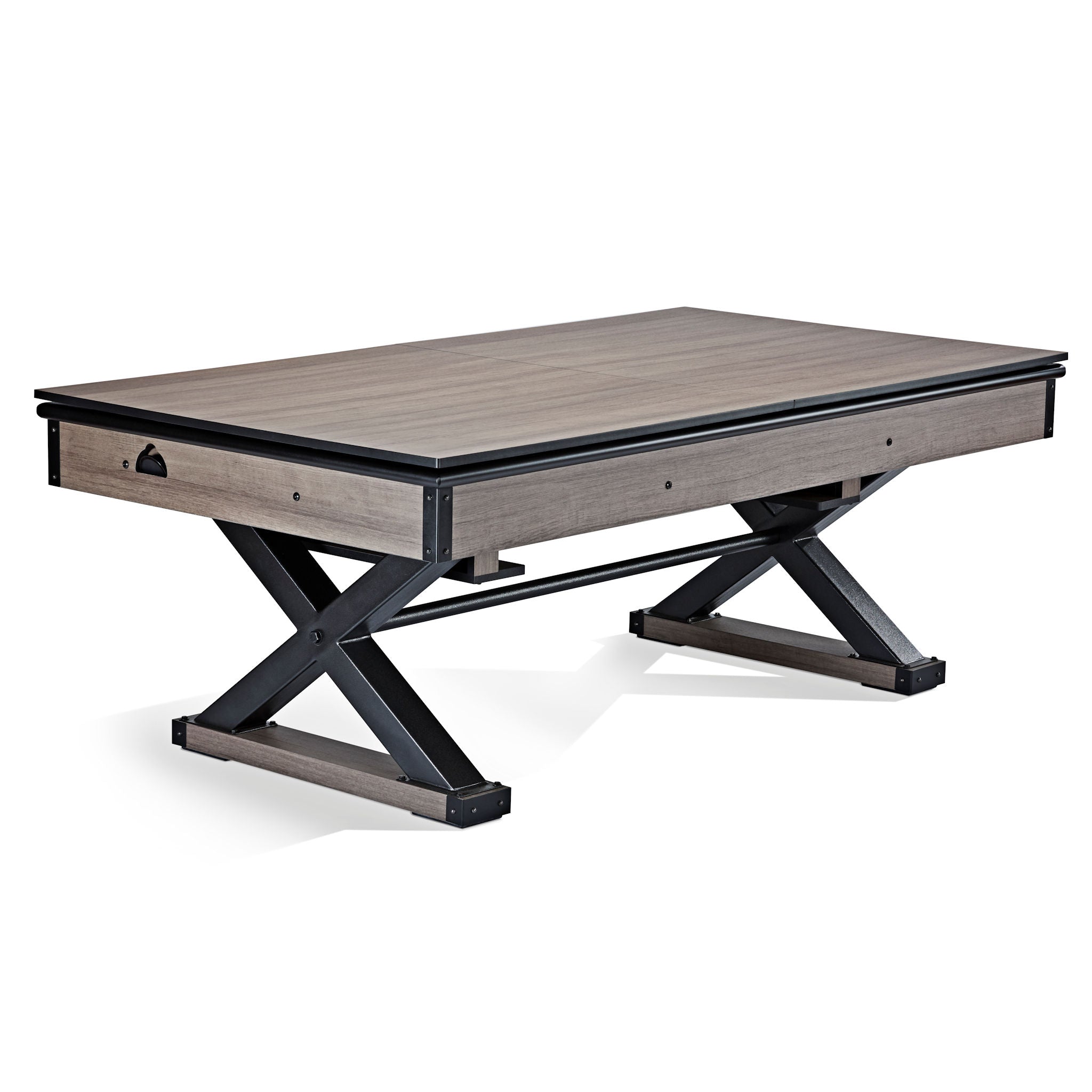 Coffee table with wooden top and black metal base on a white background