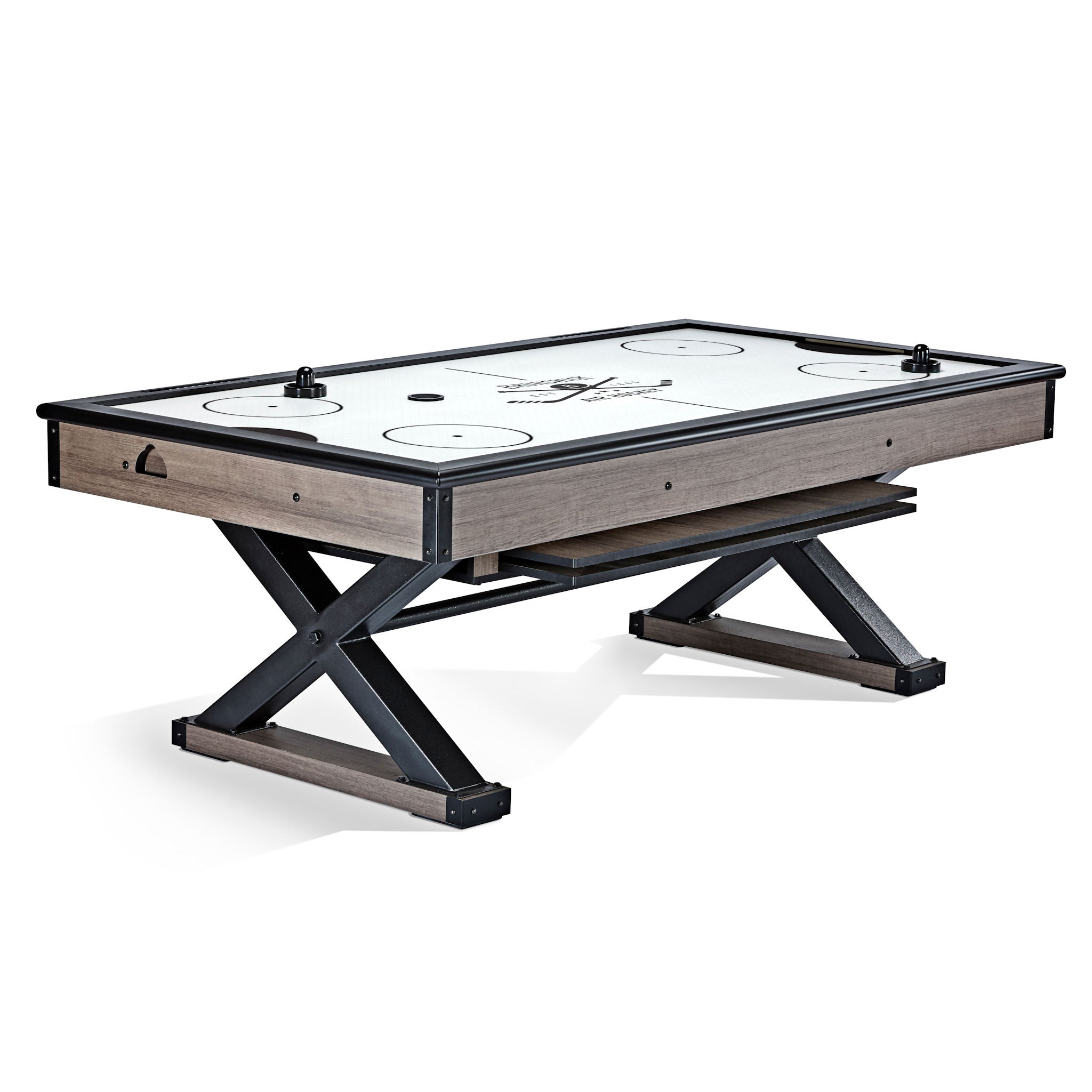 Air hockey table with wooden finish and black metal legs on a white background