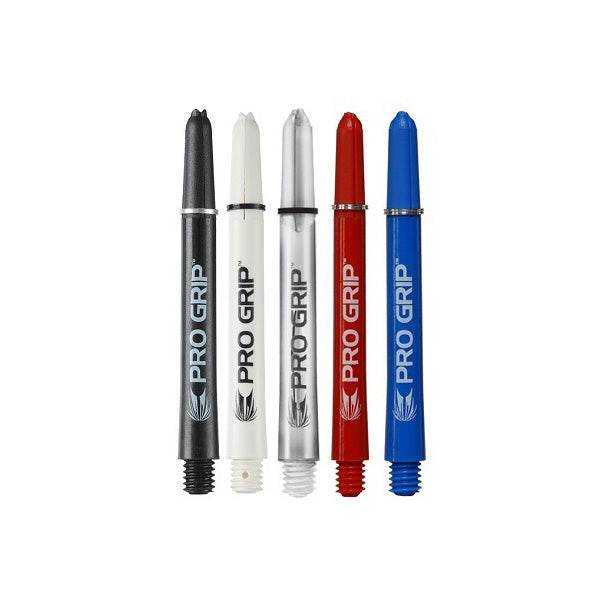 Set of five Target Pro Grip shaft dart stems with grip rings in black, white, silver, red, and blue colors for secure flight attachment