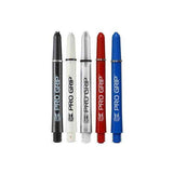 Set of five Target Pro Grip shaft dart stems with grip rings in black, white, silver, red, and blue colors for secure flight attachment