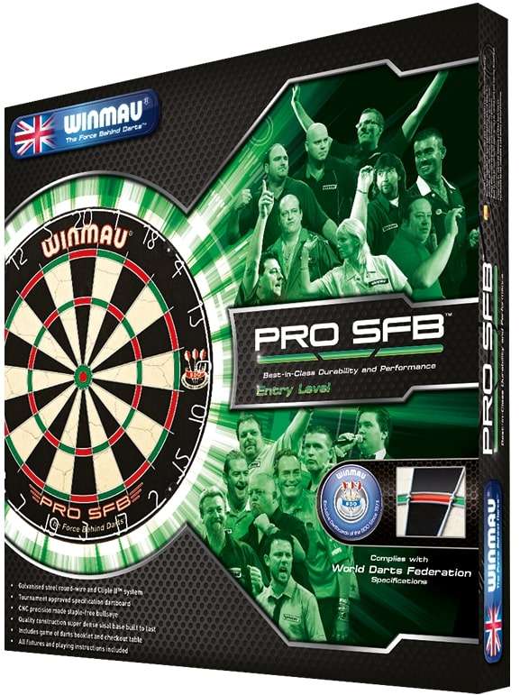 Winmau Pro SFB Dartboard with high tensile steel wiring and staple-free bullseye, tournament quality and British Darts Organization endorsed.