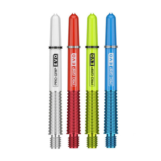 Pro Grip EVO aluminium and nylon dart shafts in white, red, neon green and blue with grooved grip bodies