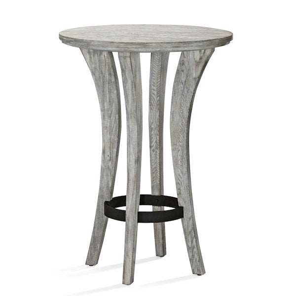 Brunswick Centennial Pub Table rustic grey hardwood top with arched legs and wrought iron ring base