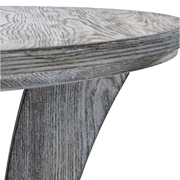 Close-up of rustic grey Brunswick Centennial Pub Table's hardwood veneer round top and arched leg detail