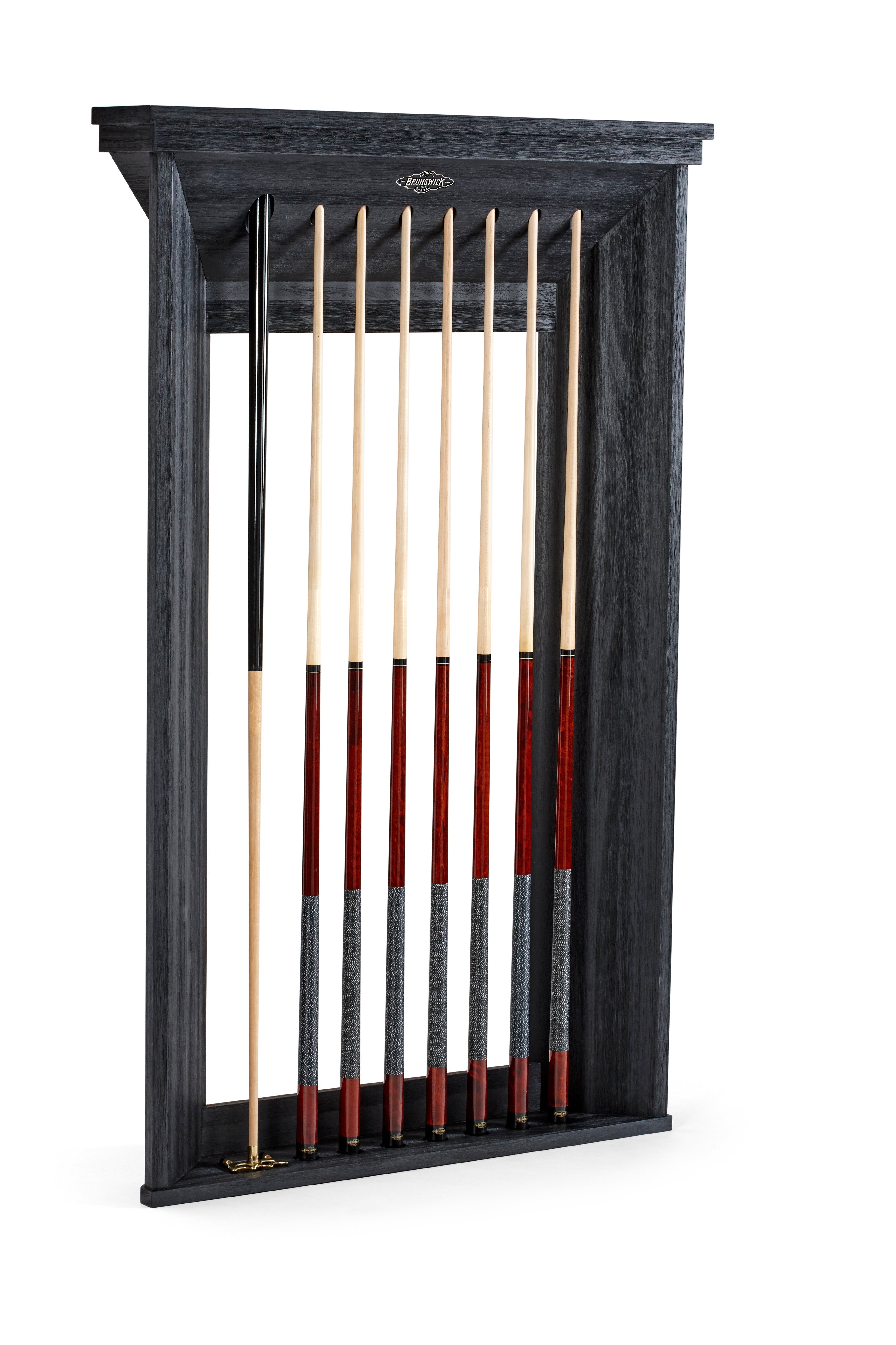 Pursuit Cue Wall Rack shown with cues and bridge