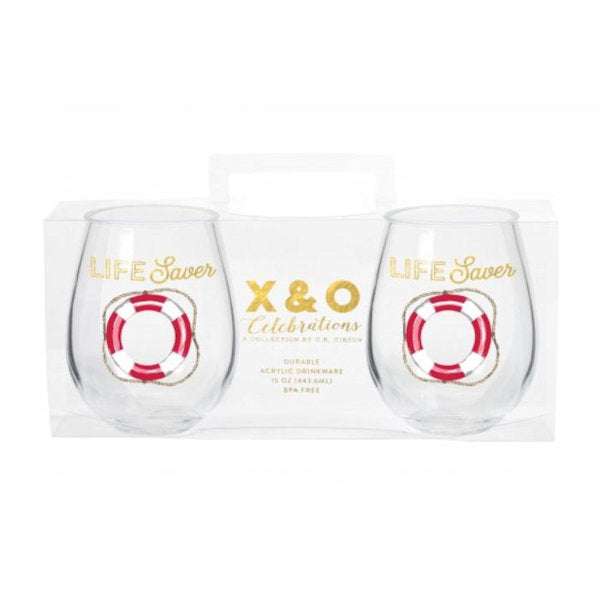 Set of 2 stemless acrylic wine glasses with Life Saver design, 3.5 x 4.5 inches, bold vacation style wine glass set