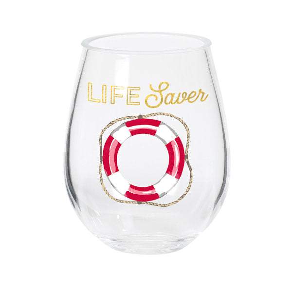 Stemless acrylic wine glass set of 2 with "Life Saver" design and red lifebuoy illustration