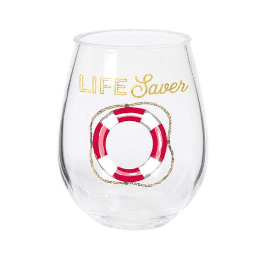 Stemless acrylic wine glass set of 2 with "Life Saver" design and red lifebuoy illustration