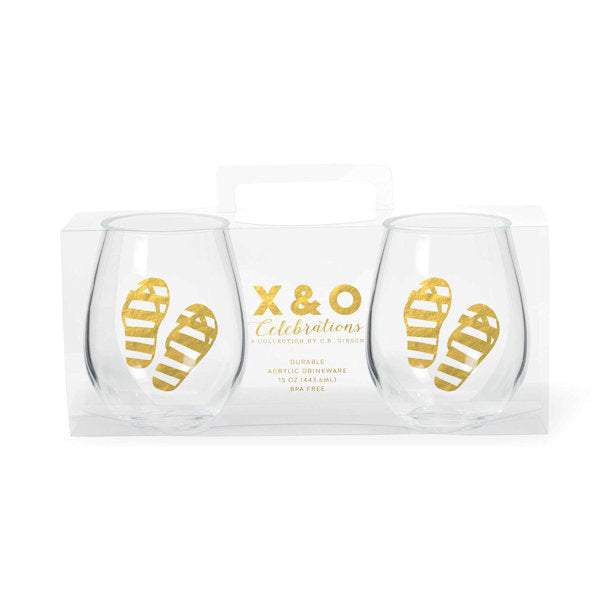 Stemless wine glass set of 2 with gold flip flop design, acrylic, 3.5x4.5 inches