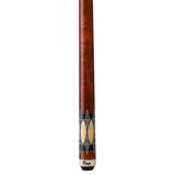 Pool cue with wooden finish and brand logo on a white background