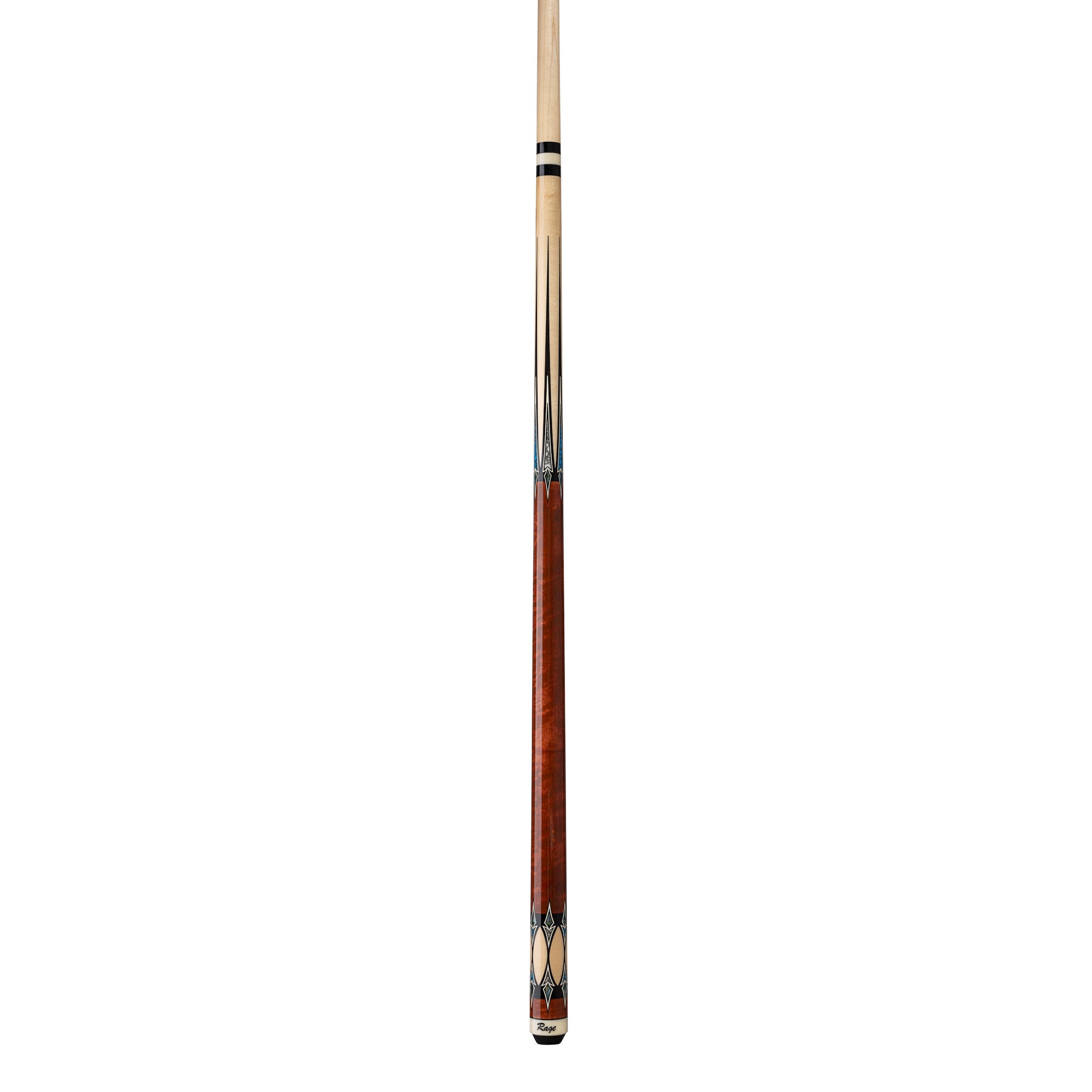 Pool cue with brown and black design on a white background