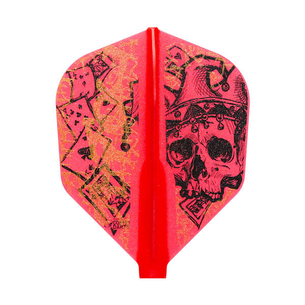 Red dart flight with black and gold skull design on a white background