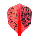 Red dart flight with black and gold skull design on a white background