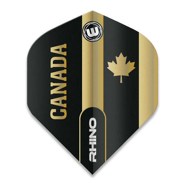Rhino International Flights, black and gold 100-micron dart flights with Canada lettering and maple leaf design