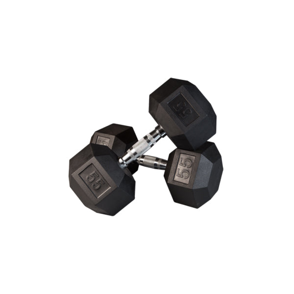 Pair of black rubber hex dumbbells with chrome knurled handles for safe and comfortable grip