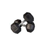 Pair of black rubber hex dumbbells with chrome knurled handles for safe and comfortable grip